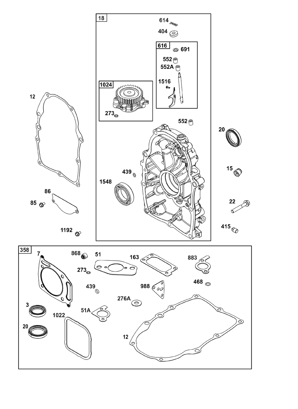 Crankcase Cover/Sump Group Diagram and Parts List for 389447-0122-E1  Briggs and Stratton Engine